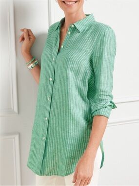 TALBOTS 100% Linen Firefly Striped Button Down Boyfriend Shirt‎ Green Size Large